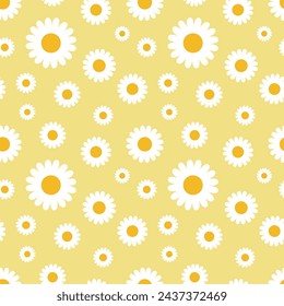 Daisy flower seamless on editable background illustration. Pretty yellow floral pattern for print. Flat design vector. Spring, summer flower seamless design.