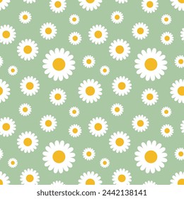 Daisy flower seamless on editable green background illustration. Pretty floral pattern for print. Flat design vector. Spring flower seamless design