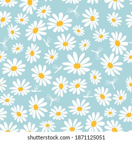 Daisy flower seamless pattern with dragonfly on blue background vector illustration. Cute hand drawn floral print.