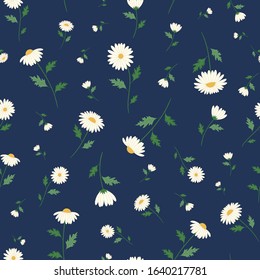 Daisy flower seamless pattern with navy blue background