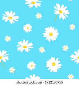 Daisy flower seamless pattern on blue background illustration. chamomile flowers.