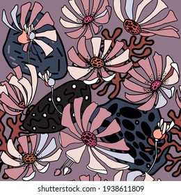 Daisy flower seamless pattern on dark background. Pastel pink abstract floral print with big chamomiles. Drawn repetable texture, stamp, great for fashion fabric, decor, textile and wallpaper. Vector
