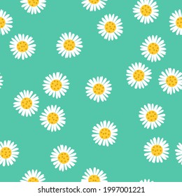 Daisy flower seamless pattern on green background. Chamomile design. Vector illustration