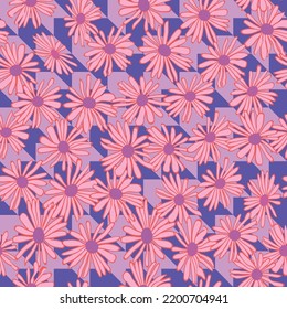 Flor de margarita sin fisuras en el fondo de teselación geométrica. Ilustración vectorial. Ideal para la tela de moda, textil y papel pintado.