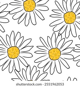Daisy Flower Padrão sem emenda no fundo branco. Fundo floral para têxteis, papel de parede, tecido ou embalagem