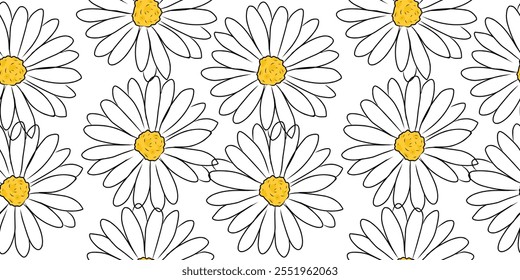 Daisy Flower Seamless Pattern on white background. Floral Background for textile, wallpaper, fabric, or wrapping