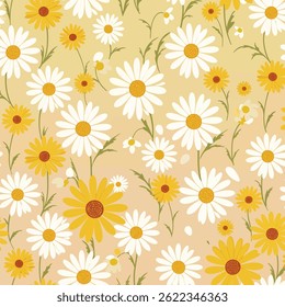 Daisy flower seamless pattern on blue background. Ditsy floral print with tiny chamomile great for fashion fabric, home decor textile and wallpaper. Vector