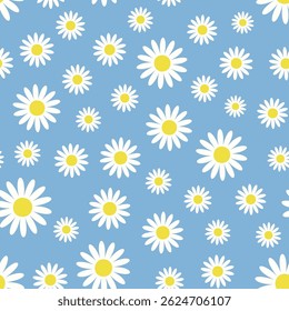 Daisy flower seamless pattern on a blue background. White chamomile floral pattern design. Meadow botanical repeat pattern featuring scattered daisy flowers. Vector illustration.