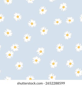 Daisy flor padrão sem costura no fundo azul. Ditsy impressão floral com camomila minúscula grande para tecido de moda, decoração de casa têxtil e papel de parede. Vetor, etc.