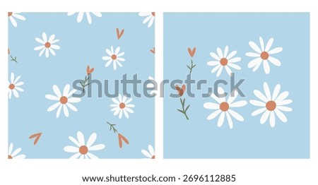 Daisy flower seamless pattern on soft sky blue, hand drawn red flower blooms with petals and sprigs.