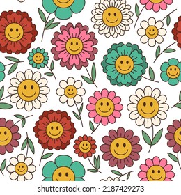 Daisy flower seamless pattern. Retro positive smiling faces, hippie chamomile characters, cartoon groovy plants. Decor textile, wrapping paper, wallpaper design. Tidy vector background