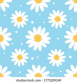 Daisy flower seamless pattern with white dots on a blue background vector. Cute floral print.