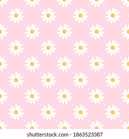 Daisy flower seamless pattern and white dots on pink background vector illustration.