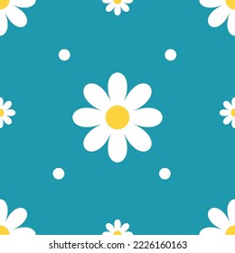 Flor de margarita Patrón sin foco Icono de la camomila blanca. Punto blanco. Colección de plantas pequeñas. Concepto creciente. Plantilla textil de papel de ajuste. Fondo azul. Ilustración del vector