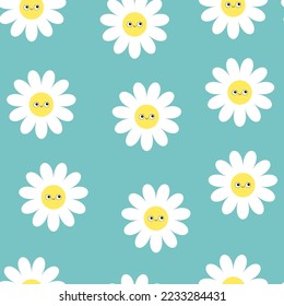 Daisy flower seamless pattern. White chamomile camomile icon. Smiling face head. Cute plant collection. Growing concept. Wrapping paper textile template. Green background. Vector illustration