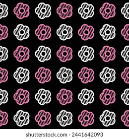 Daisy flower seamless pattern. White and pink flower on black background. Flat illustration images