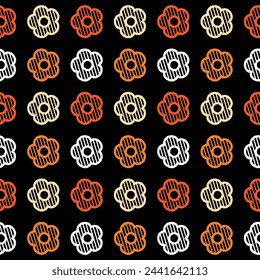 Daisy flower seamless pattern. White and orange flower on black background. Flat illustration images