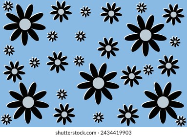 Daisy flower set black silhouette vector Clip art. Groovy daisy flowers set. Flat black icons. Simple flower silhouette. Retro vintage style, hand drawn decorative elements. Eps file 129.