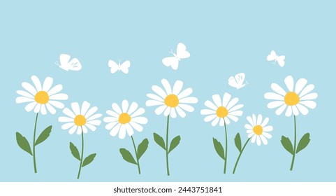 Conjunto de flores de margarita y dibujos animados de mariposa en vector de fondo azul.