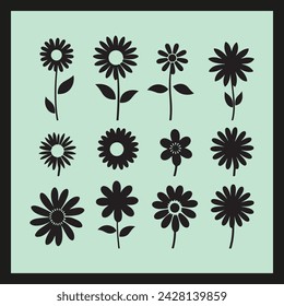 Daisy flower silhouette set Clipart on a hex color background