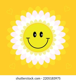 Daisy flower Smile face. Good vibes and positive emotion. Retro style 90s. Cute smile flower sticker. Happy emoticon. Cartoon creative design icon.