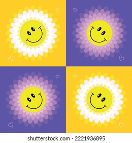 Daisy flower Smile face. Good vibes and positive emotion. Retro style 90s. Colorful. background.