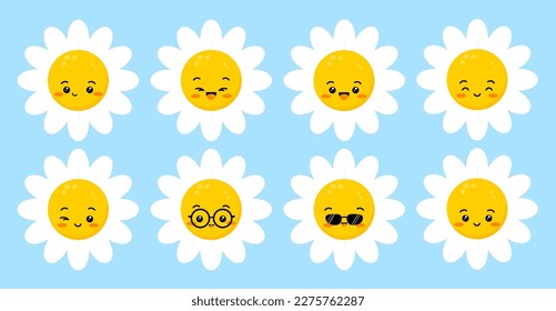 Daisy flower smile face happy cute character set. Chamomile fun emoji plant icon vector  illustration. Kids camomile emoticon collection.