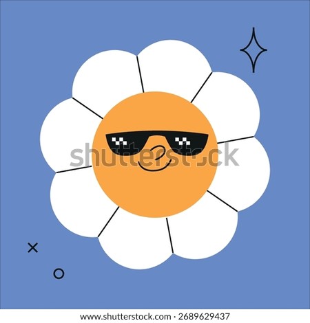 Daisy flower in sunglasses with succeded face expression. Groovy floral emoji character with winner emotion. Cheerful chamomile in sunny summer mood. Positive retro vector illustration.
