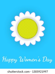 Daisy flower and text Happy Women's Day. Isolated on blue background. Vector image. Design for cards. Background.