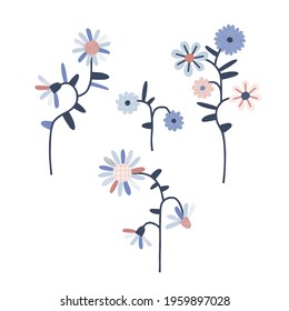 Daisy flower vector illustration set. Scandinavian folksy floral bloom clip art collection isolated on white. Decorative modern folk art graphics 