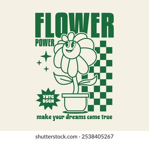 daisy flower vintage groovy cartoon character illustration for graphic t shirt or poster, sticker and more