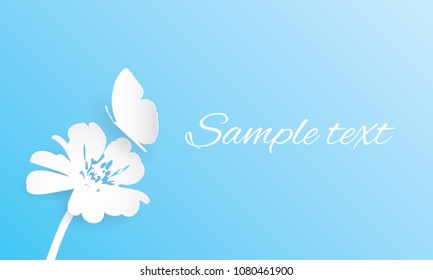 Daisy flower white butterfly paper art on blue background banner template. Flora card sample text banner. Floral on cyan backdrop.