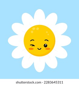 Daisy flower winking face happy cute character. Chamomile wink fun emoji plant icon vector illustration. Kids camomile emoticon.