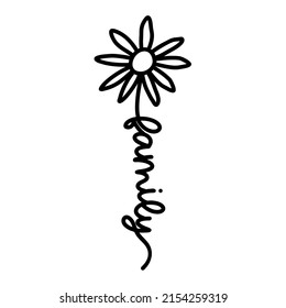 Daisy Flower with Word Family. Simple Doodle Line Drawing Art style. Vector isolated. Great as a Tshirt Print or tattoo