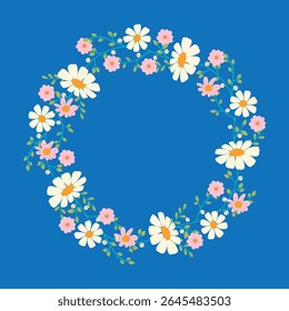 Daisy Flower Wreath on Bright Blue Background. Cheerful botanical frame with wildflowers and cute foliage perfect for invitations, web, print, t-shirt 