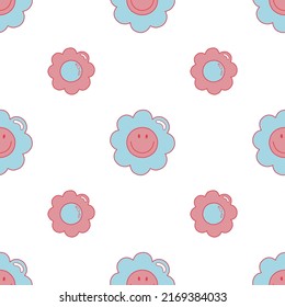 Daisy flowers from 1970. Vector seamless pattern. Hand-drawn illustration in flat style for groovy background, wallpaper, fabric, textile.