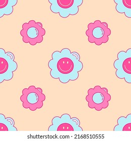 Daisy flowers from 1970 vibe. Vector seamless pattern in pink and blue colors. Hand-drawn illustration in flat style for groovy background, wallpaper, fabric, textile.