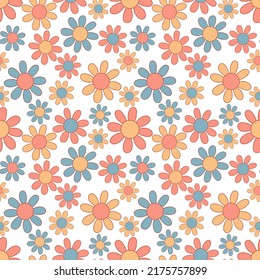 Daisy flowers from 1970 vibe. Vector seamless pattern. Hand-drawn illustration in flat style for groovy background, wallpaper, fabric, textile.