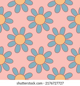 Daisy flowers from 1970 vibe. Vector seamless pattern. Hand-drawn illustration in flat style for groovy background, wallpaper, fabric, textile.