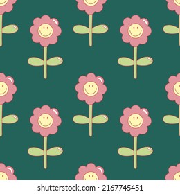 Daisy flowers from 1970 or y2k vibe. Vector seamless pattern. Hand-drawn illustration in flat style for groovy background, wallpaper, fabric, textile.
