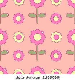 Daisy flowers from 1970 or y2k vibe. Vector seamless pattern. Hand-drawn illustration in flat style for groovy background, wallpaper, fabric, textile.