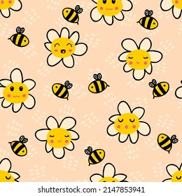 Daisy flowers and bees summer seamless pattern. Cute characters print for nursery and baby fashion. Funny simple illustration for fabric, paper, T-shirt. 

