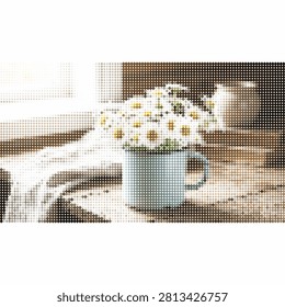 Daisy flowers in blue mug on rustic wooden table with soft light interior setting. Cozy home atmosphere floral deco.
