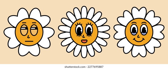 Daisy flowers with cartoon funny faces. Bloom camomile with different emotion: suspicion, cute, holding back tears. Sticker pack in trendy retro. 30s, 50s, 60s vintage comic smile. Vector illustration