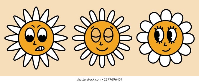 Daisy flowers with cartoon funny faces. Bloom camomile with different emotion: angry, calm, cute. Sticker pack in trendy retro. 30s, 50s, 60s vintage comic smile. Vector illustration
