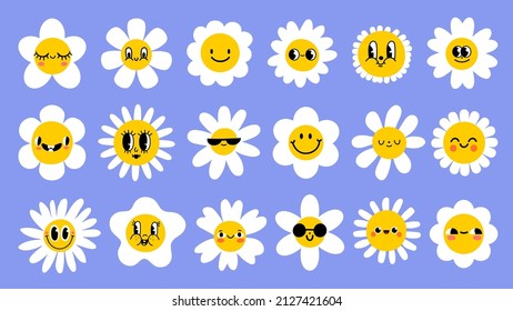 Daisy flowers with cartoon funny smiling faces, chamomile characters. Cute camomile happy emotion. Kids logo design with daisies vector set. Illustration of smile floral flower, bloom camomile - Shutterstock ID 2127421604