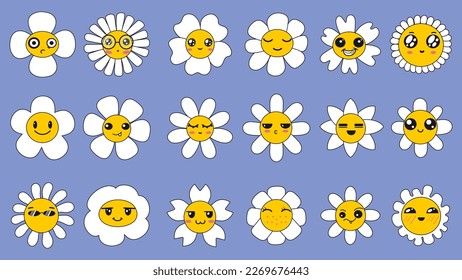 Daisy flowers with cartoon funny smiling faces, chamomile characters. Cute camomile happy emotion. Kids logo design with daisies vector set. Illustration of smile floral flower, bloom camomile.