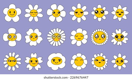 Daisy flowers with cartoon funny smiling faces, chamomile characters. Cute camomile happy emotion. Kids logo design with daisies vector set. Illustration of smile floral flower, bloom camomile.