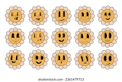 Daisy flowers with cartoon funny smiling faces, chamomile characters. Funny happy daisy with eyes and smile. Sticker pack in trendy retro trippy style