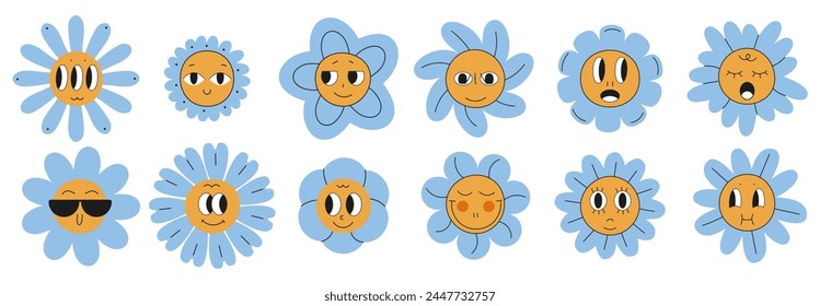 Daisy flowers with cartoon funny smiling faces, chamomile characters. Cute camomile happy emotion. Kids logo design with daisies vector set. Illustration of smile floral flower, bloom camomile